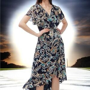 Chico’s Paisley Faux Wrap Midi Dress Size 4 XXL/20 Short Sleeve High-Low Hem